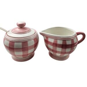 Vintage Cracker‎ Barrel Creamer & Sugar Ceramic Pink White Gingham Plaid